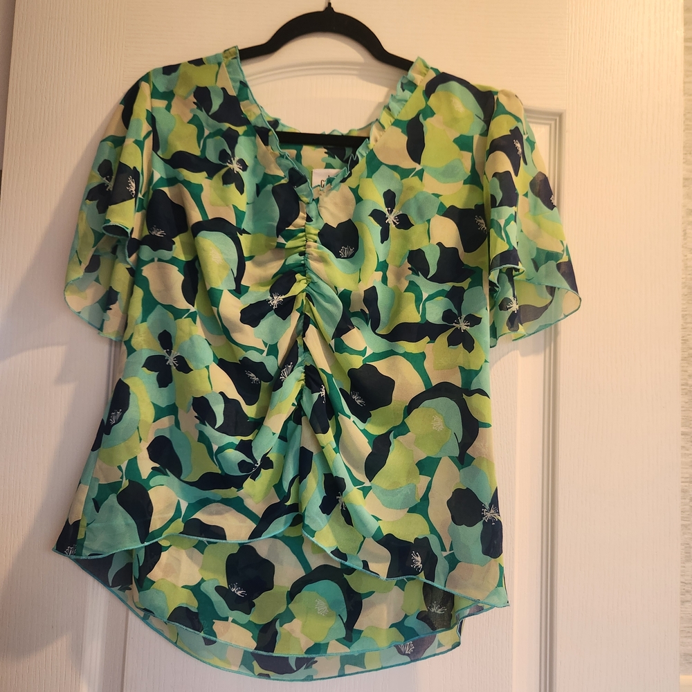 Cabi Green Multi Floral Ruched Front Blouse M Euc